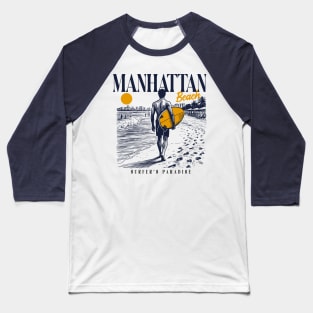 Vintage Surfing Manhattan Beach, California // Retro Surfer Sketch // Surfer's Paradise Baseball T-Shirt